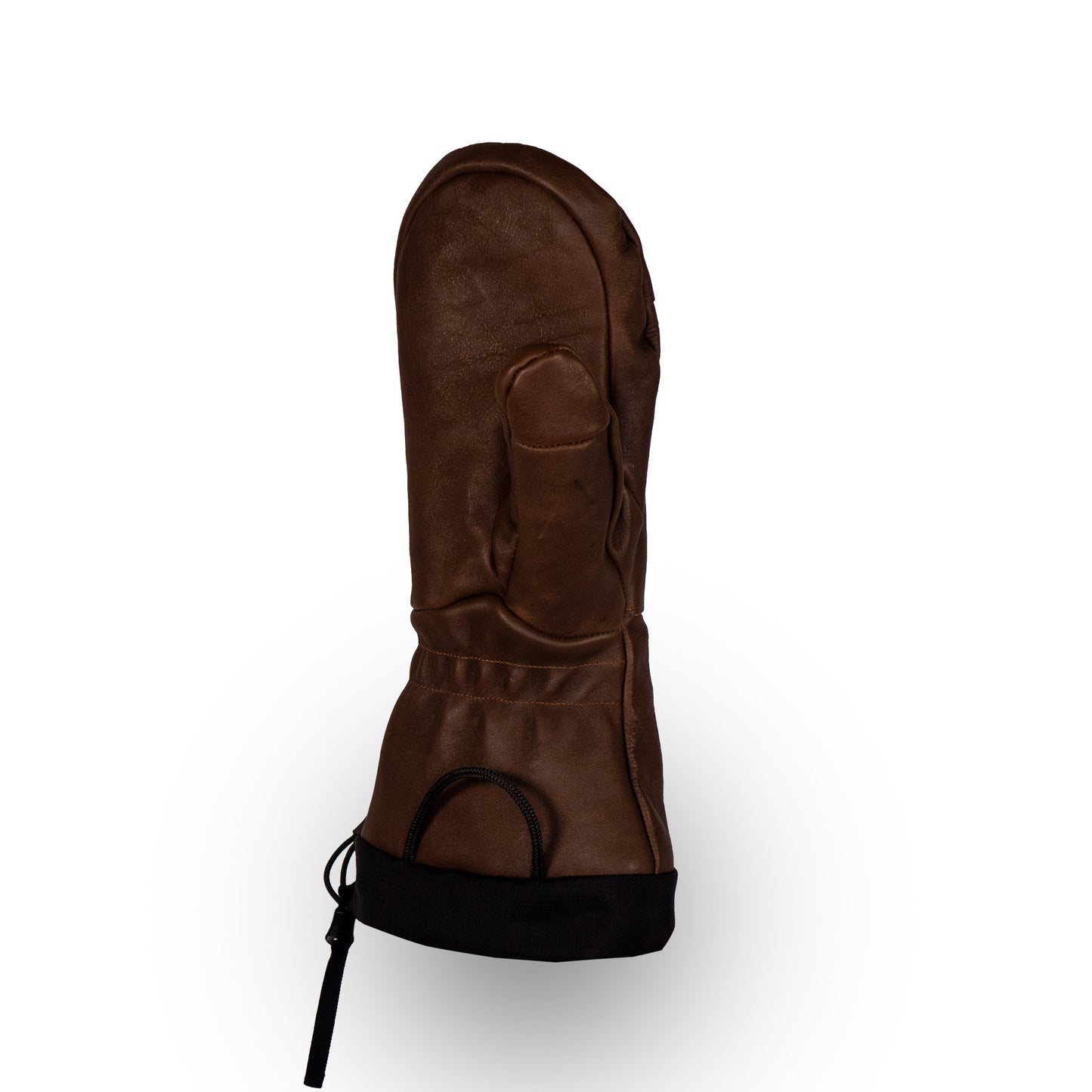 A solitary Mainers All-Leather Mitt, featuring a black cuff and an attached strap for exceptional wind resistance, is displayed on a white background.