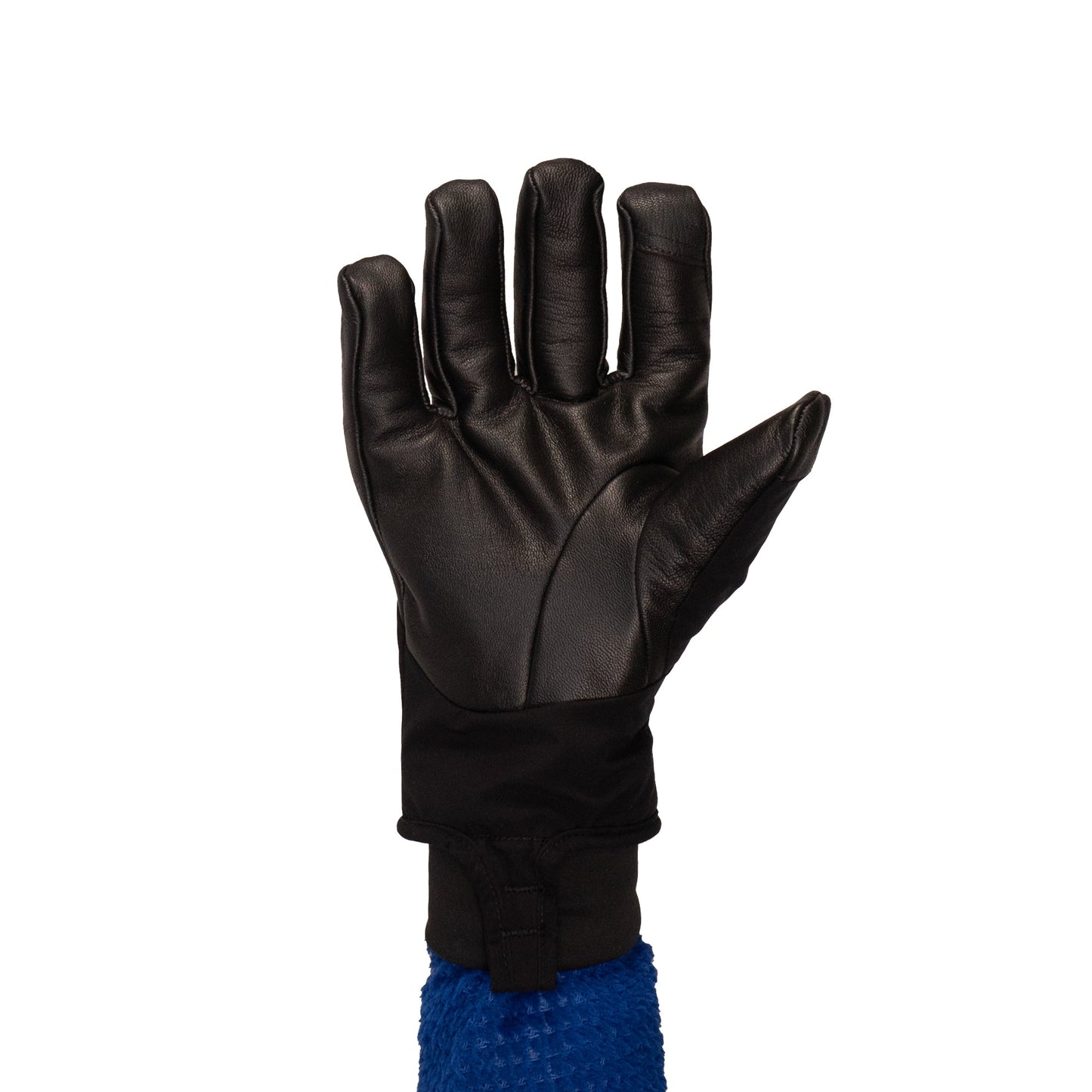 A person wearing the Mainers Loaf Glove, renowned for its warmth and protection, with a blue textured sleeve displayed openly against a white background.