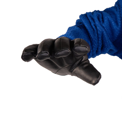 A hand clad in the Mainers Loaf Glove, recognized for its protection and warmth, emerges from a blue fabric sleeve, with fingers slightly curled.