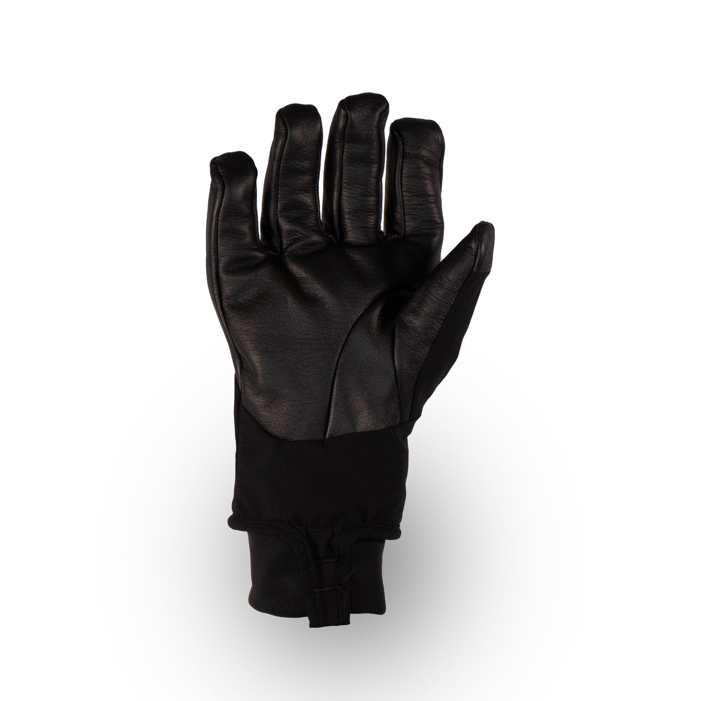 Behold the Loaf Glove by Mainers, a black leather masterpiece featuring a fabric wrist that ensures warmth and protection. Positioned upright against a stark white background, this elegant glove promises style and functionality in every stitch.