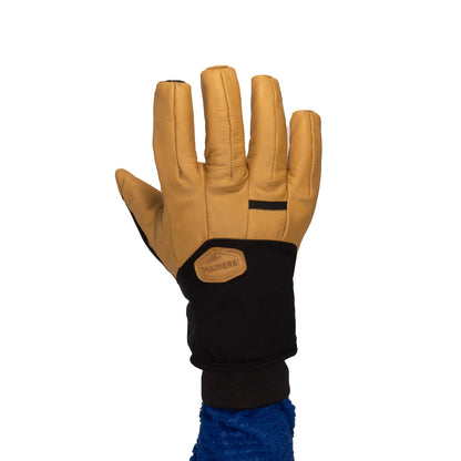 The Mainers Loaf Glove, available in tan and black, offers outstanding protection when displayed on an upright hand against a white background.