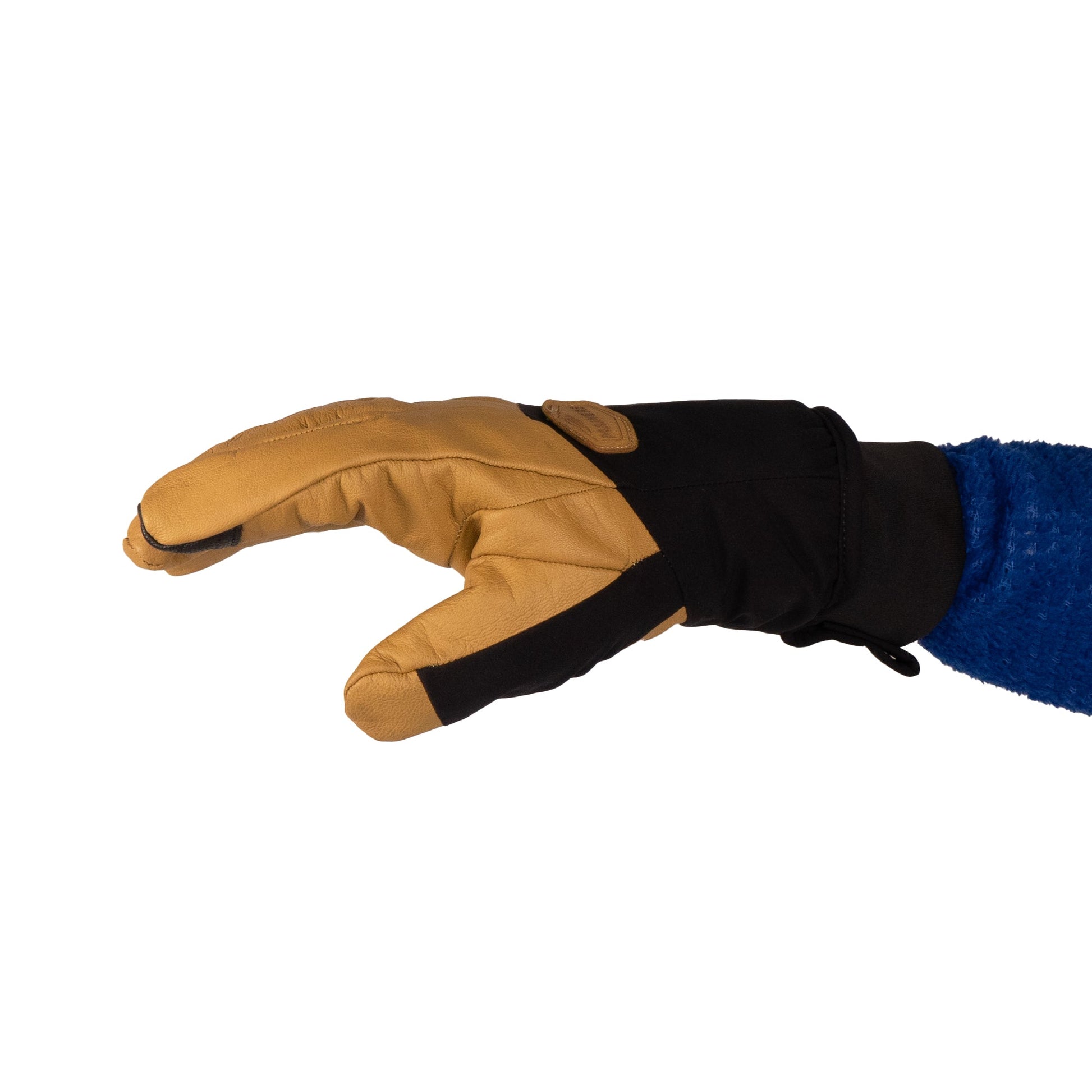 A hand wearing the Loaf Glove by Mainers, featuring a tan and black design, makes a pinching gesture against a white background, providing both warmth and protection.