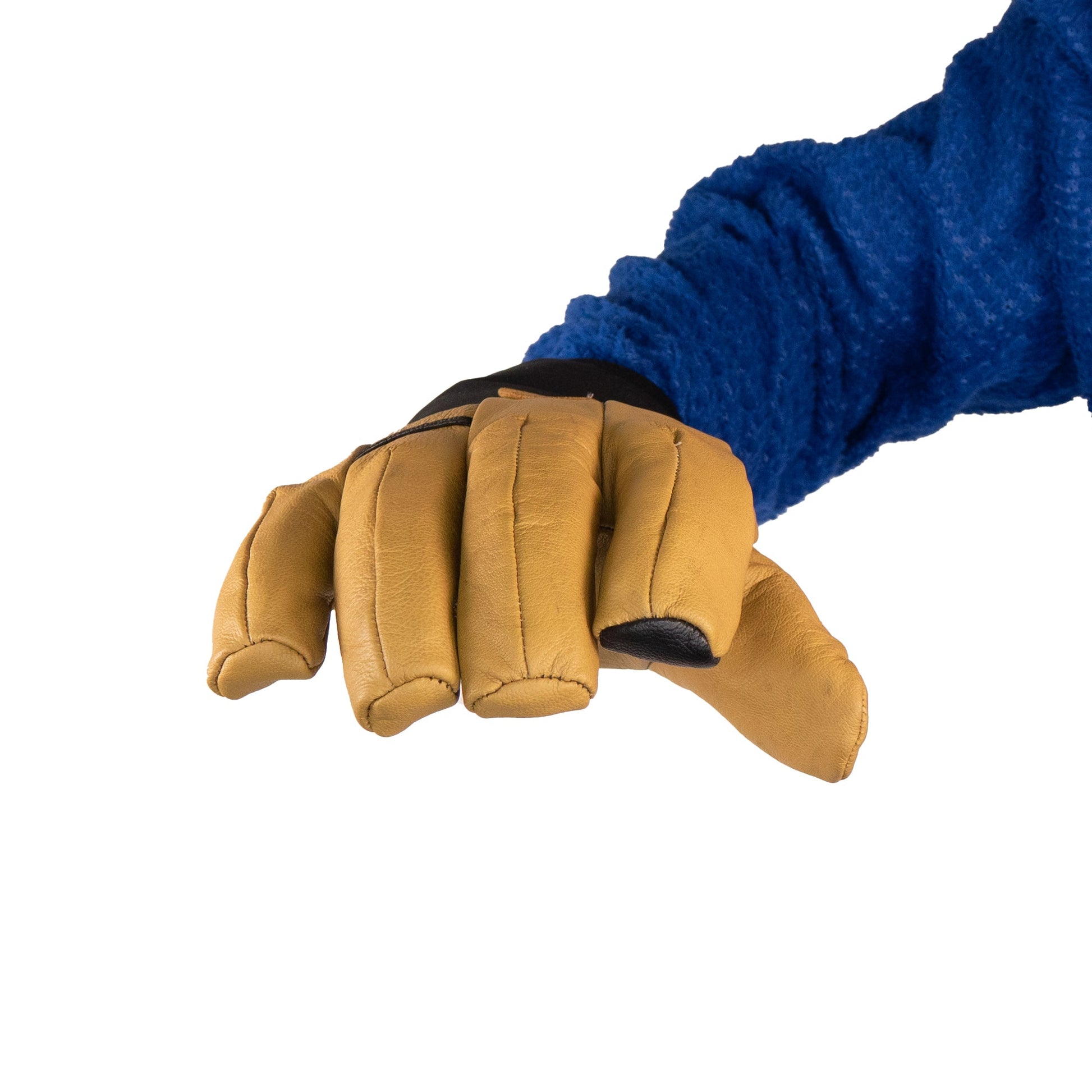 A person wearing a blue sleeve and the Mainers' Loaf Glove curls their fingers into a fist, providing both protection and warmth against the plain white background.