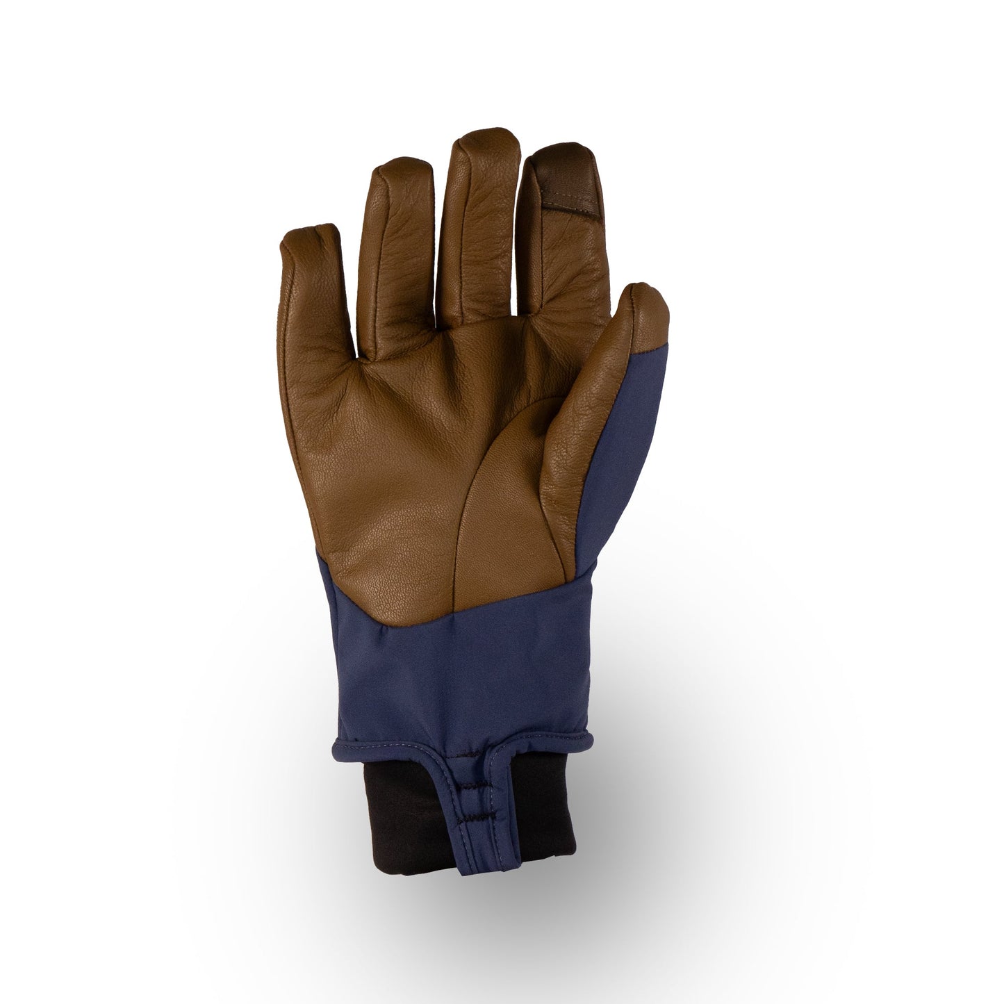 The Loaf Glove by Mainers combines brown and blue leather with a black cuff to keep you warm during all your winter adventures. Set against a white background, the palm side of this ski glove is displayed, emphasizing its design that's perfect for braving icy slopes.