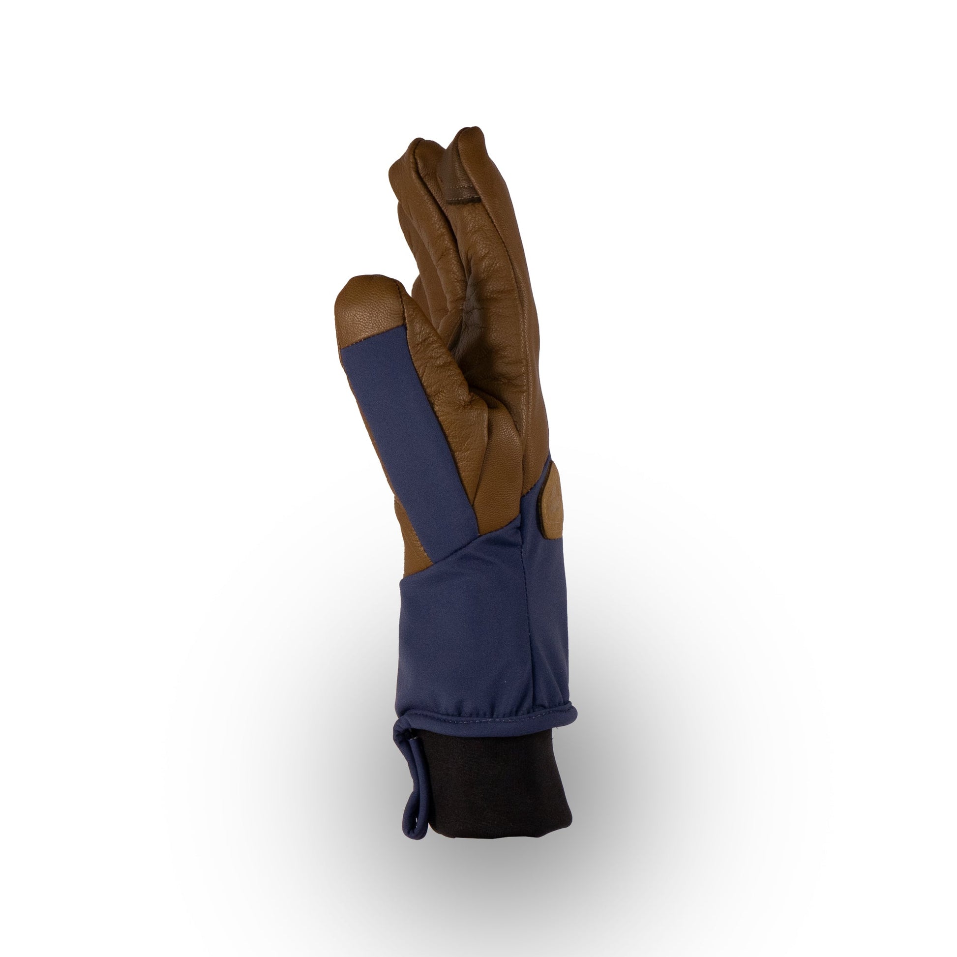 The Mainers Loaf Glove is displayed upright against a plain white background, highlighting its brown and navy blue design and offering warmth comparable to ski gloves.