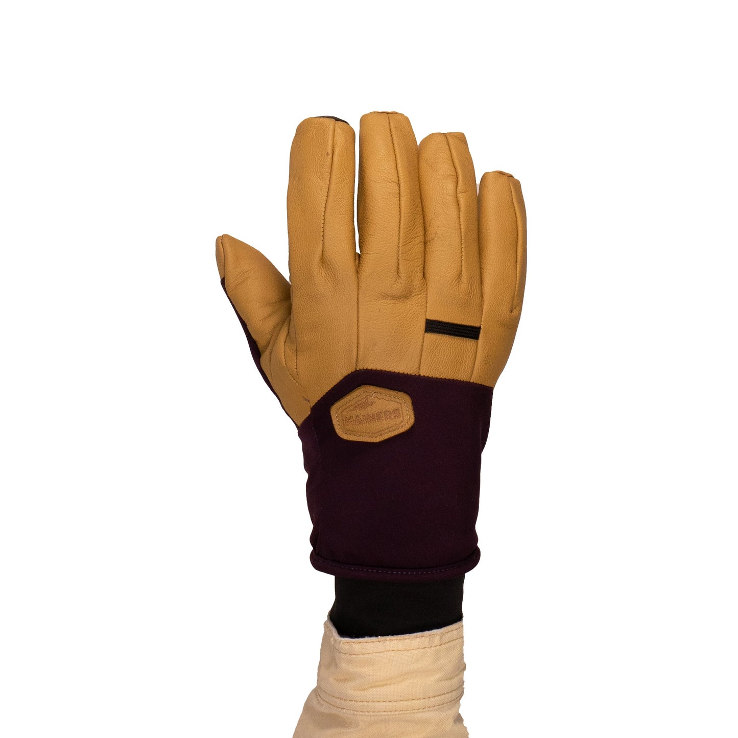 The Mainers Loaf Glove boasts a striking design, featuring a brown leather palm and fingers alongside a burgundy fabric back. Perfect for cold-weather adventures, this stylish handwear stands out against a crisp white background.