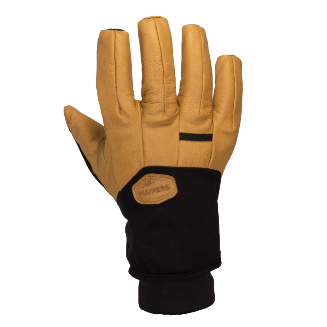 The Loaf Glove by Mainers showcases a tan and black design with the brand's logo on the back, providing an open palm ideal for cold-weather adventures. Its leather palms and fingers guarantee durability and style.