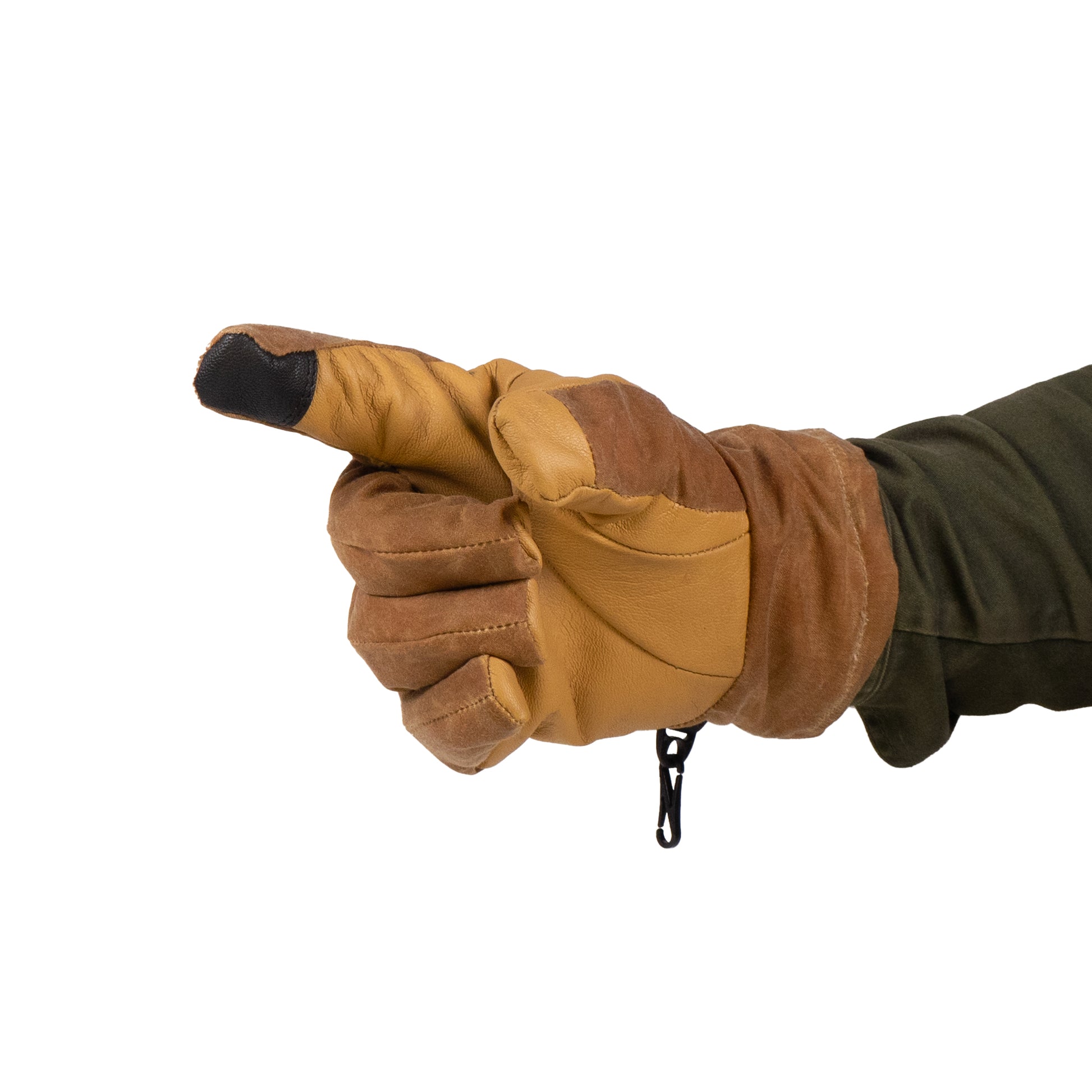 A gloved hand in the Mainers MT Battie Glove, showcasing a brown durable leather palm with an extended index finger, confidently points left.