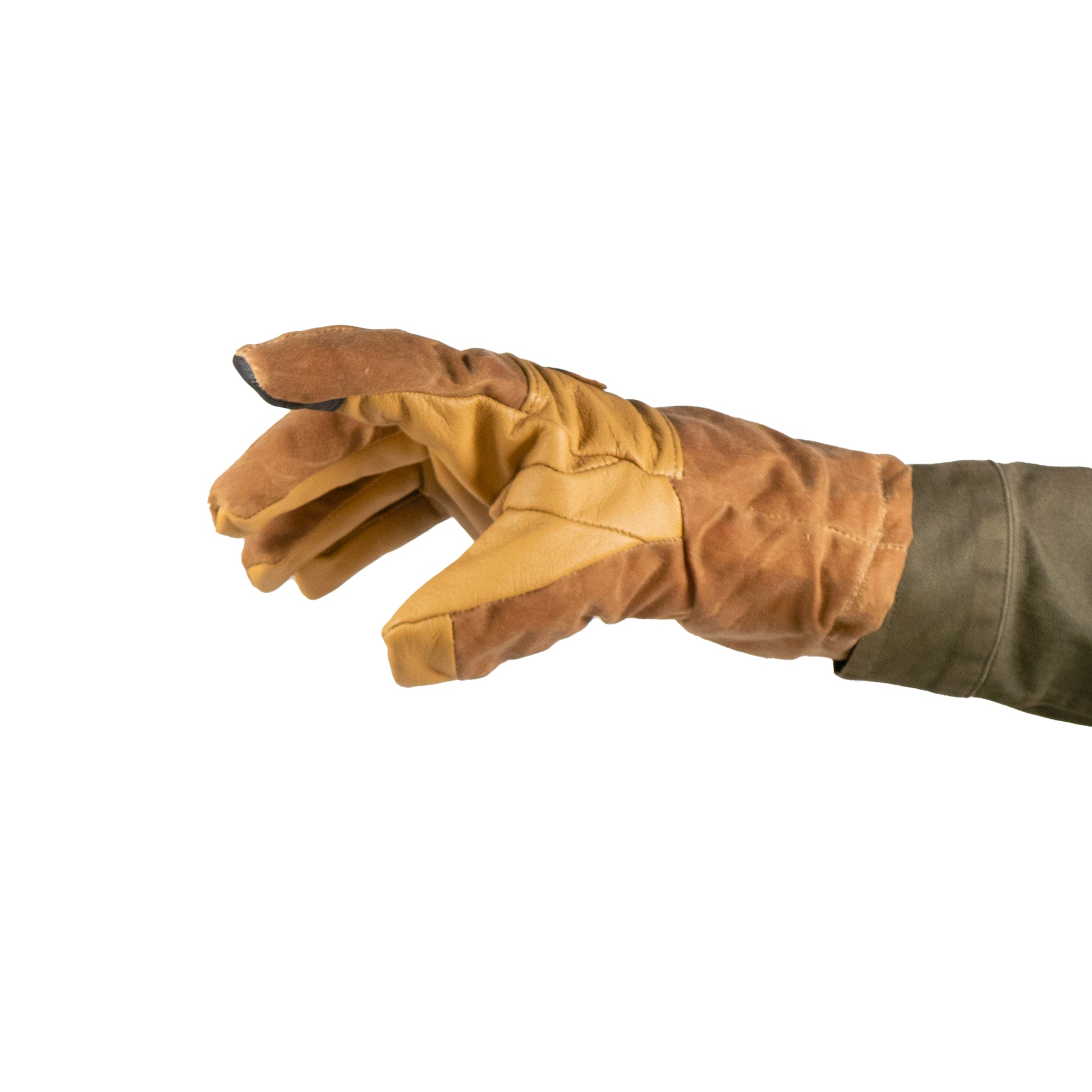 A leather-gloved hand with partially bent fingers highlights the durable leather palm of the Mainers MT Battie Glove against a plain background.