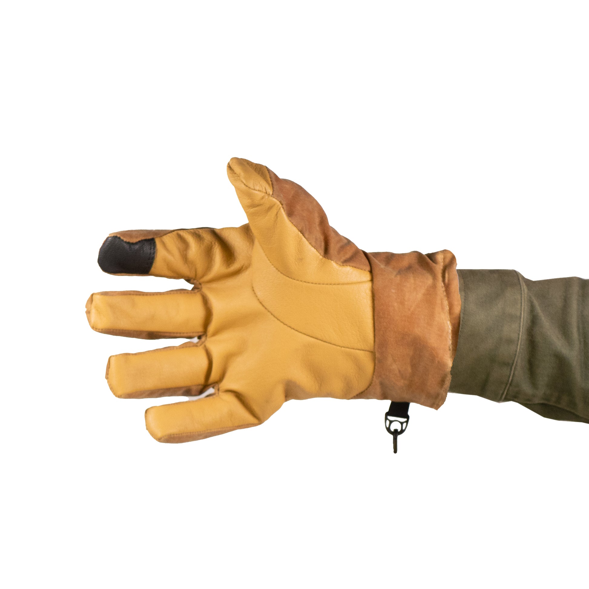 The MT Battie Glove by Mainers boasts a brown and tan design with a durable leather palm, waxed canvas, and touch-sensitive finger functionality.