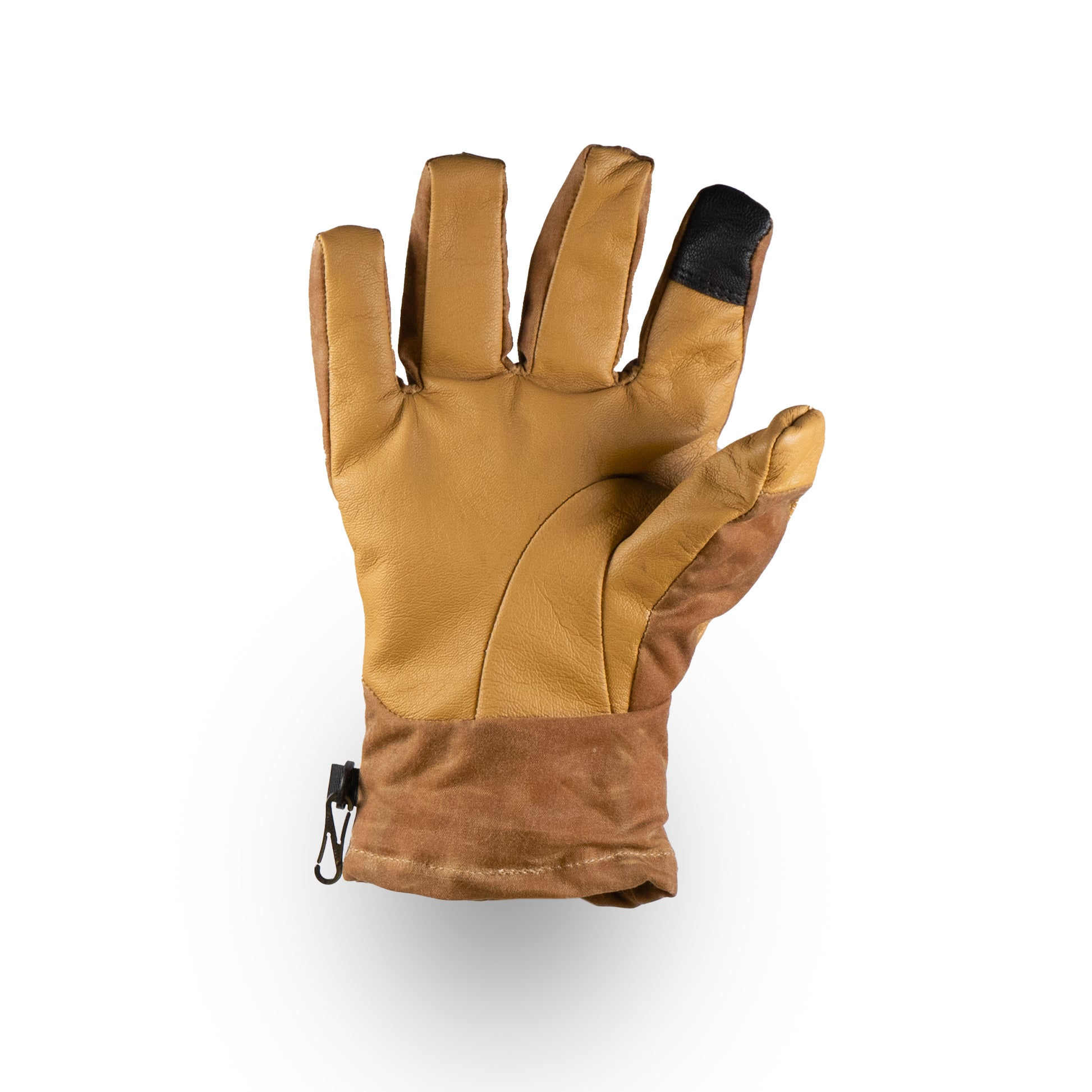 The Mainers MT Battie Glove includes a durable leather palm, brown suede wrist, touchscreen-friendly index fingertip, and a sleek black zipper pull.