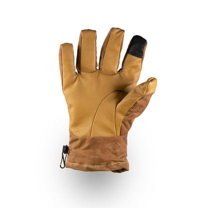 The Mainers MT Battie Glove includes a durable leather palm, brown suede wrist, touchscreen-friendly index fingertip, and a sleek black zipper pull.