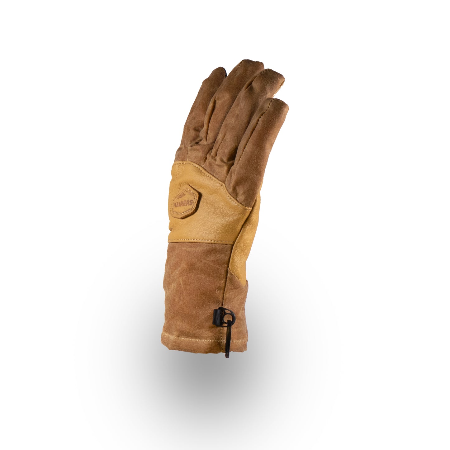 A brown MT Battie Glove by Mainers, with a logo on the back, adjustable wrist strap, and durable leather palm, stands upright with fingers slightly bent.