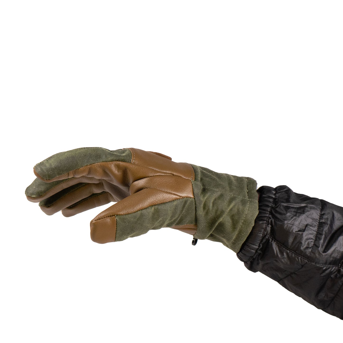 A Mainers MT Battie Glove in green and brown with a durable leather palm and a partially visible black sleeve is set against a white background.