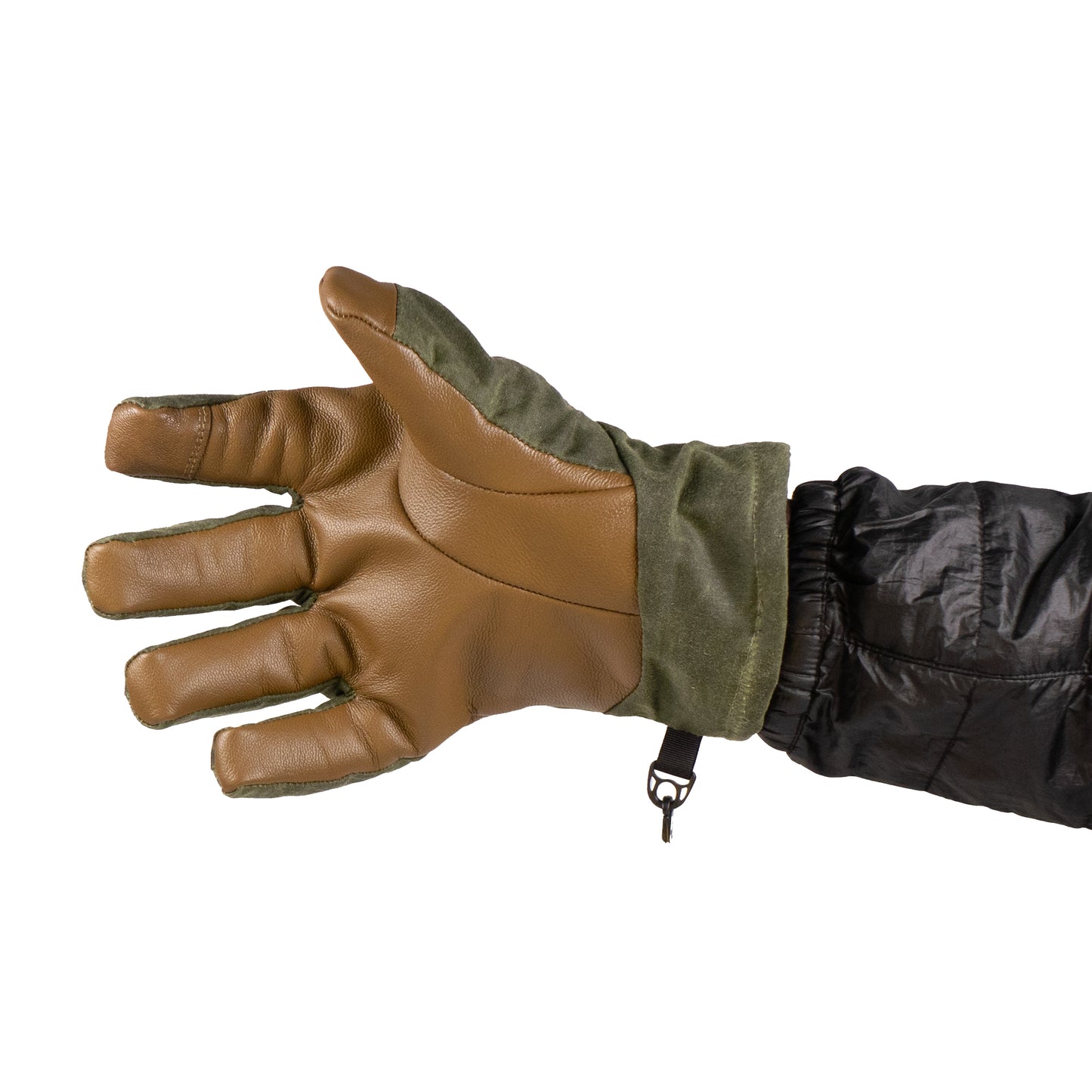 The MT Battie Glove by Mainers features a durable, resilient design with a brown and green leather palm on a black sleeve, highlighted against a white background.