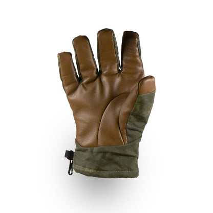 The Mainers MT Battie Glove, with its green and brown leather design and durable palm, is displayed upright on a white background. The glove features its palm side along with a functional wrist strap.