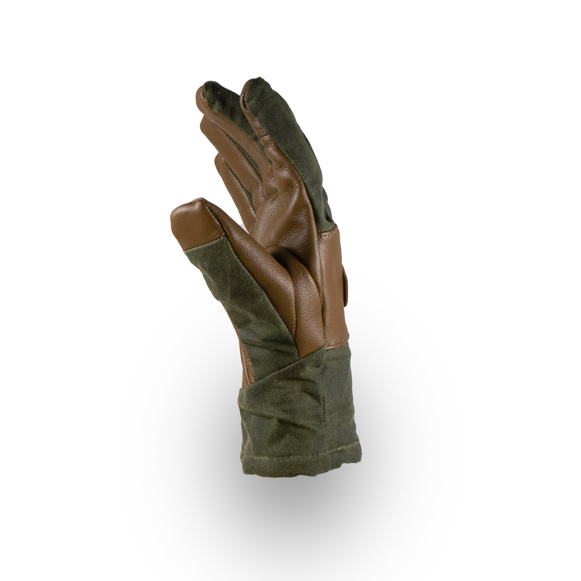 The Mainers MT Battie Glove, showcasing a sturdy leather palm and a waxed canvas back, stands upright against a simple white background.