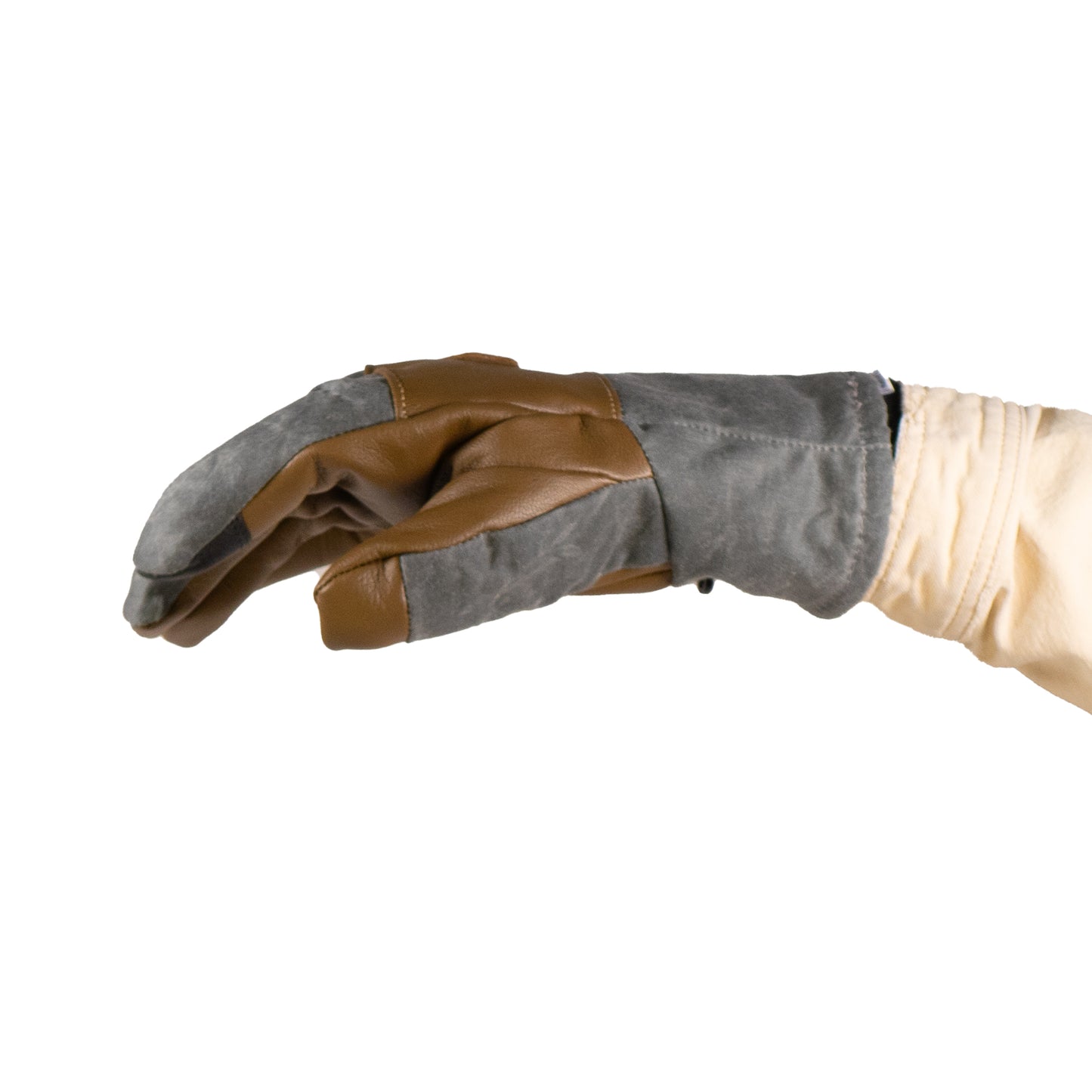 A gloved hand wearing the versatile Mainers Ragged MT Glove, showcasing a brown and gray design with a white sleeve against a white background. Ideal for winter adventures.