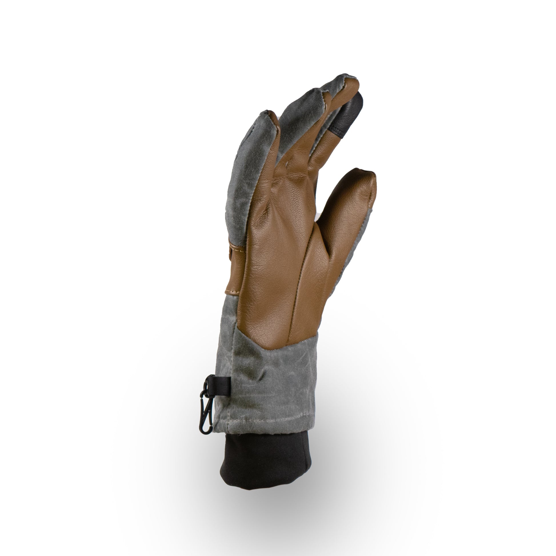 The Mainers Ragged MT Glove, featuring a brown and gray design with a black cuff, stands upright against a white backdrop—ideal for winter adventures.