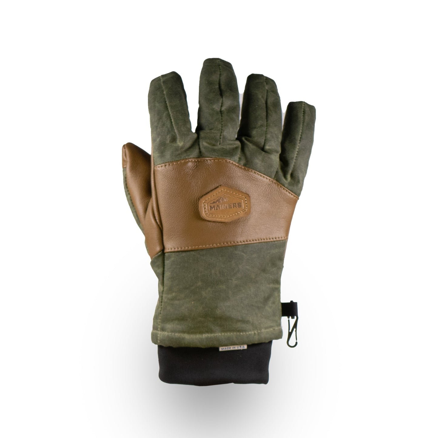 Introducing Mainers' Ragged MT Glove: a green and brown insulated glove with a leather palm patch and small brand logo, ideal for your next winter adventure.