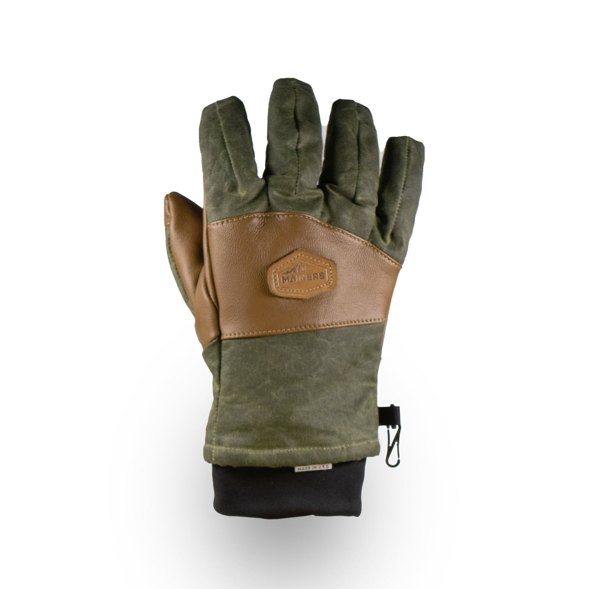 Introducing Mainers' Ragged MT Glove: a green and brown insulated glove with a leather palm patch and small brand logo, ideal for your next winter adventure.