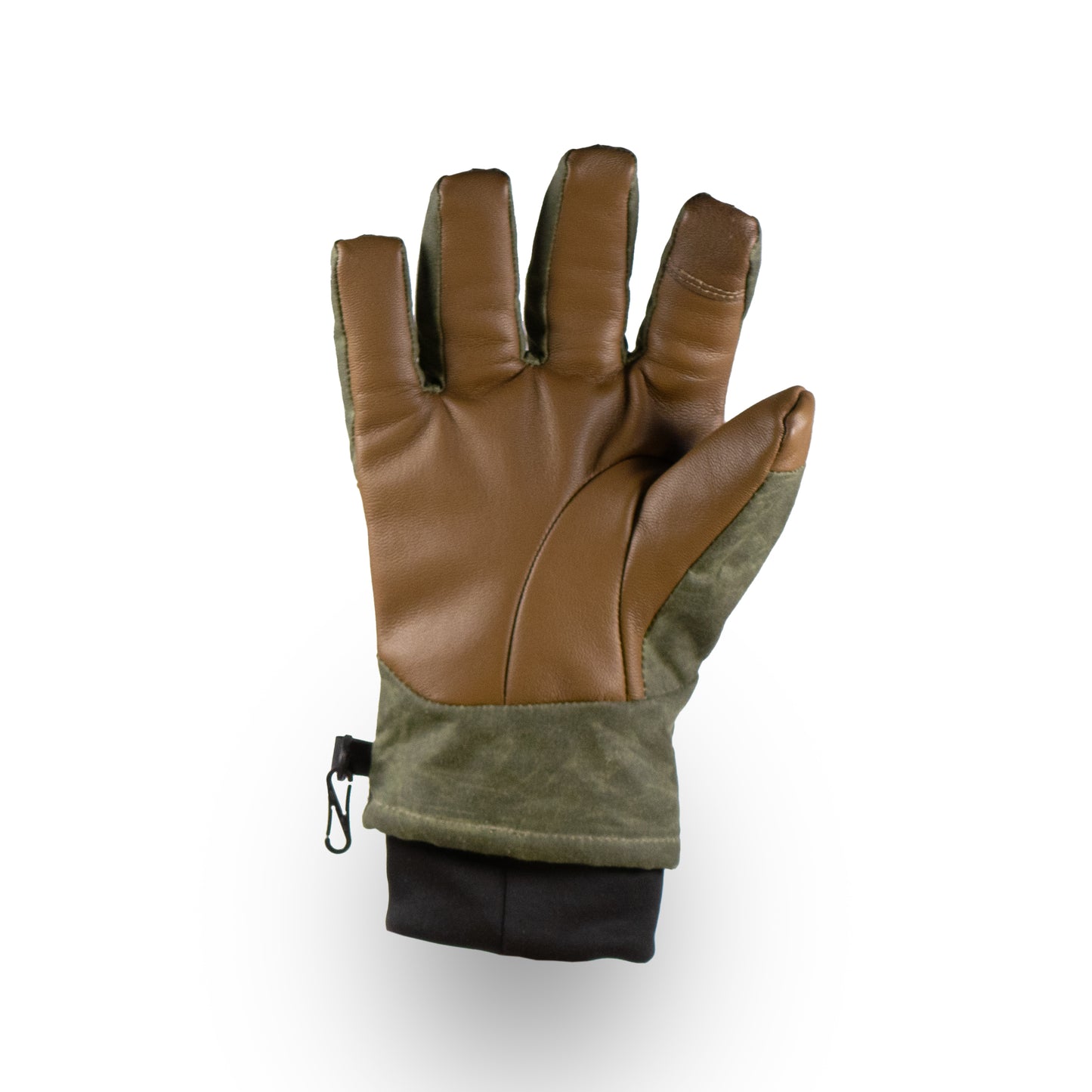 Mainers' Ragged MT Glove features an olive green and brown design crafted from waxed canvas and leather with visible stitching, includes an extended cuff and a useful hanging loop, effortlessly blending style and practicality for winter.